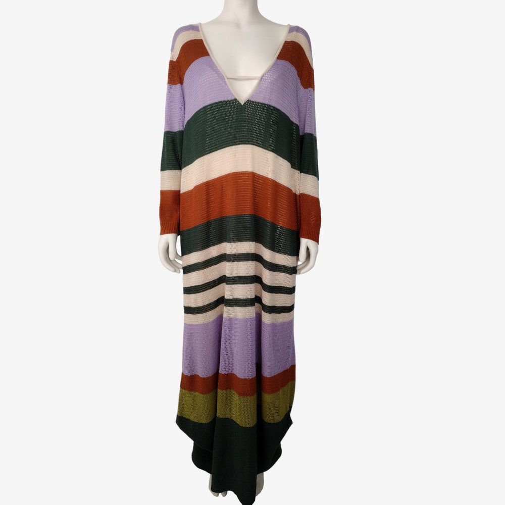 ELOQUII Elements Striped Plunge Neck Long Sleeve Crochet Maxi Dress 26